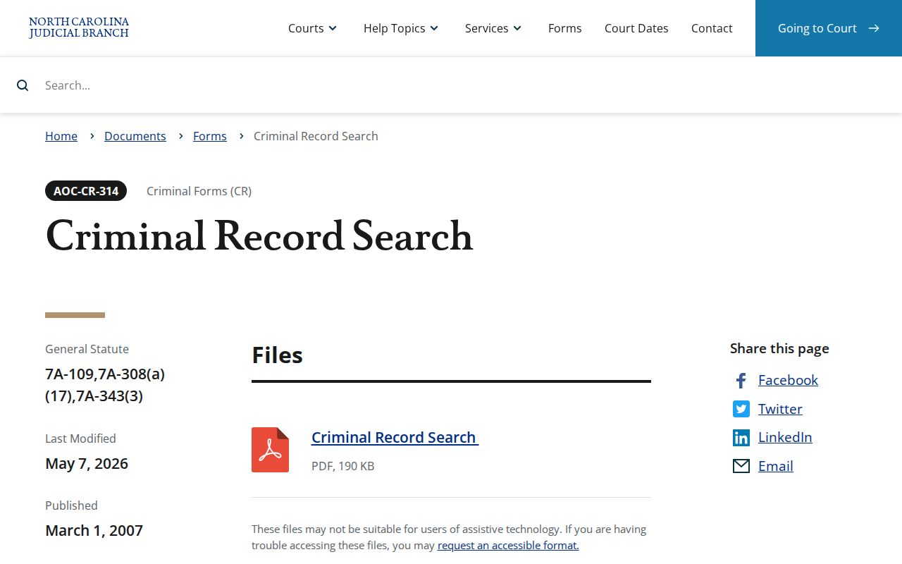 North Carolina AOC-CR-314 criminal record search form page