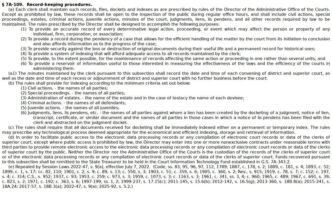 North Carolina statute governing public inspection of Rockingham County court records