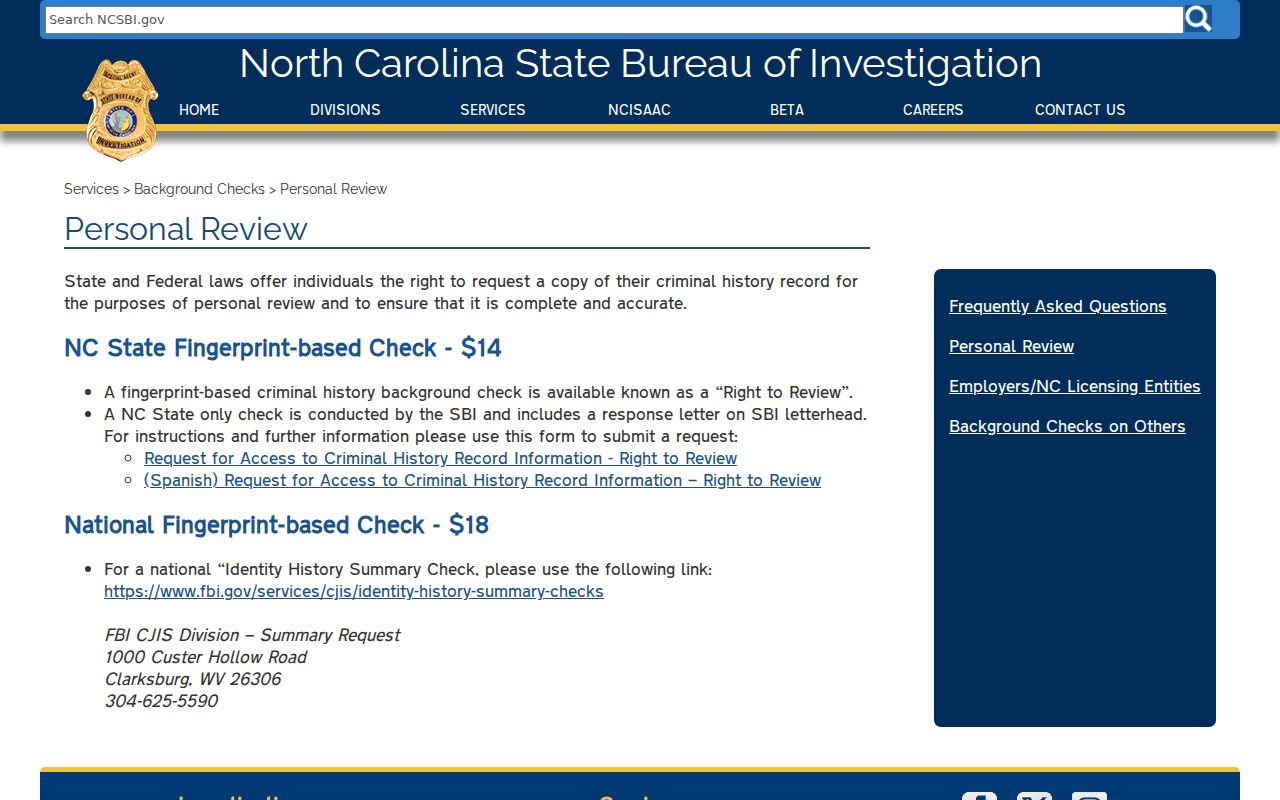 Rockingham County criminal history SBI fingerprint review instructions