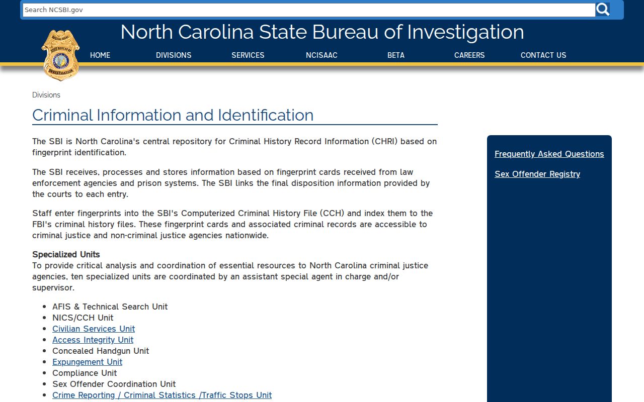 Reidsville criminal records and North Carolina SBI repository functions